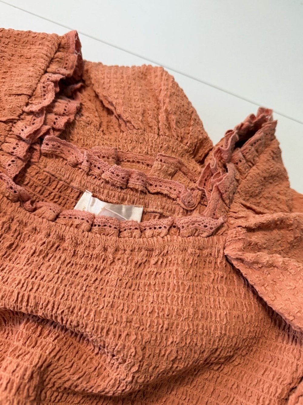 Rachel Parcell Bubble Crepe Smocked Ruffle Midi Dress XS Dusty Peach - Picture 7 of 16